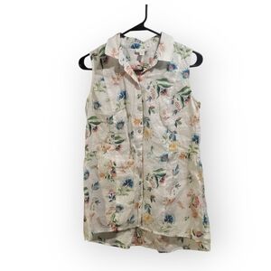 J. Jill Love LinenTunic Top XS Petite 100% Linen Feminine‎ Floral natural white